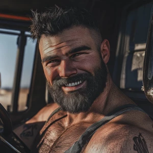 White muscular thin man with beard, big chin, smile and cheekbon...