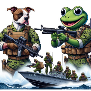 There are two US Navy sailors in battle gear, the navy sailors are a pitbull and Pepe, they are standing in two different directions. They are shooting 50 caliber, machine guns. They are in their Navy seal boat. The boat is making waves. There are also divers on the boat getting ready to dive in the water .