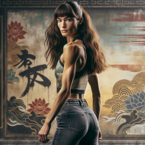 Athletic Thin skinny Attractive, Asian teenage girl, long brown hair and bangs, wearing tight skinny jeans and a halter top paint marks on her clothing, heroic pose Asian graffiti background, backside view