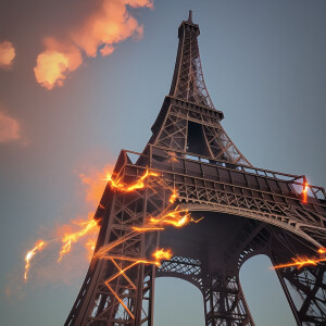 The Eiffel tower is on fire, and a lot of people are filming thi...