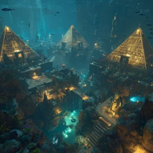 Futuristic Egyptian underwater city, golden pyramids glowing wit...