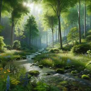 Depict a serene forest scene where soft sunlight filters through...