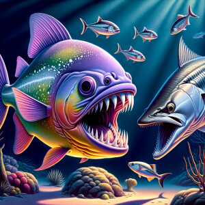 Purple lime piranha no teeth playing with a barracuda