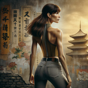 Athletic Thin skinny Attractive, Asian teenage girl, long brown hair and bangs, wearing tight skinny jeans and a halter top paint marks on her clothing, heroic pose Asian graffiti background, backside view