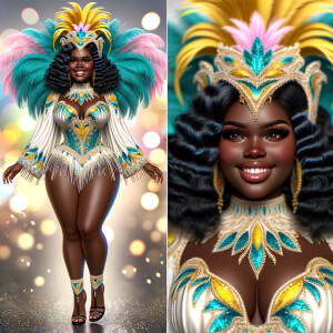 Create a 3-D  vivid full-body view of a colorful glossy hyper-realistic oil painting of a detailed illustration full length photo single image of a beautiful African-American caramel skinned woman plus sized, with long, black, wavy hair, her make up is airbrushed and flawless, she is dressed in a white, teal and yellow large, elaborate, elegant, very detailed carnival costume with colorful African-American pink, blue, gold yellow green feathers, flawless makeup, prominent lashes, black peep toe heels, white pixie hair, background bokeh, she is stunning and smiling, digital art.