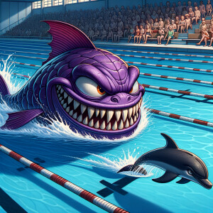 Disney style purple piranha competing in a swimming race against...
