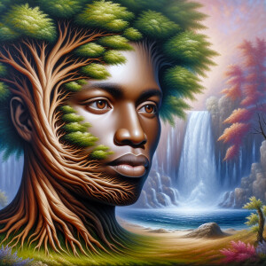 Create a hyper-realistic 3-D oil painting of a tree integrated w...
