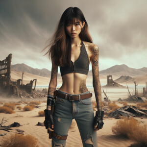 Thin Asian teen girl wearing tight jeans and a halter top Long brown hair and bangs, tattoos on her arms, athletic heroic pose