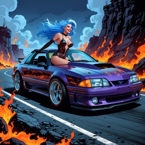 Gritty, high-contrast digital art in the style of a comic book illustration. A stunning, blue-haired demoness leans out the window of a modified 1992 Ford mustang , her wild locks billowing in the wind. The car is a hot rod masterpiece, with a supercharger protruding through the hood scoop, oversized wheels, and a sleek, glossy purple glitter  metallic paint job adorned with flaming white pinstripes. The demoness is a vision of sensuality, with smoldering eyes, luscious lips, and a mischievous grin. She's dressed in a skin-tight, flame-patterned bodysuit that leaves little to the imagination, complete with thigh-high boots and fingerless gloves. The road stretches out before her, a hellish landscape of volcanic rocks and roaring flames that line the sides and center divider, casting an ominous, fiery glow over the scene. Medium close-up, low angle shot from the side, capturing the demoness and her hot rod in all