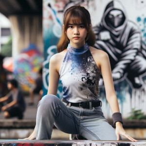 teenage girl, long brown hair and bangs, wearing tight skinny jeans and a halter top paint marks on her clothing, heroic pose Asian graffiti background, nearing on one knee