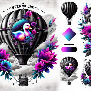beautiful airbrushed air balloon with a cyber punk duckling and...