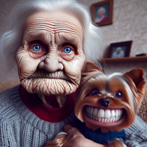 whimsical full body view, of a elderly granny with wrinkles and...