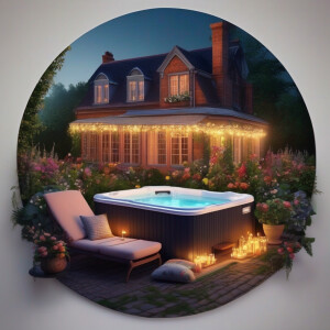 Photorealistic image. 90s fun hottub party. Chaise lounge in fro...