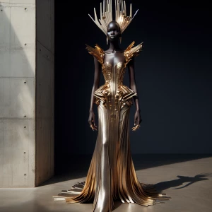 full body photography, head to toe photo, anok yai wearing avant garde gold gown