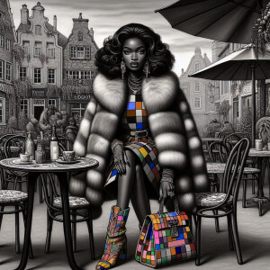 Grisaille style: A 90’s scene landscape, an old town cafe with c...