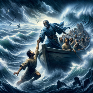 African-American Jesus telling Peter to come walk on the water,...