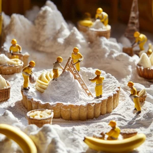 "A whimsical miniature world where tiny workers in yellow helmet...