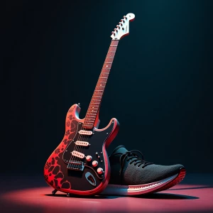 Create an image featuring a guitar leaning against a running sho...