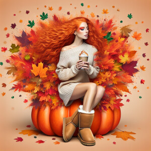 Photorealistic image. Gingerhaired female, pale skin, autumn. He...