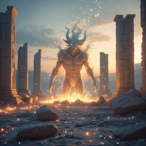 Desolate ruins glowing with soft mystical energy, elemental crea...