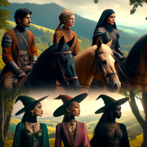 2 men ride on horses, three witches in front of them, realistic,...
