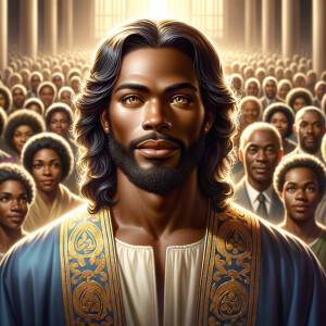 Illustrate an inspiring African-American Jesus crust with a dign...
