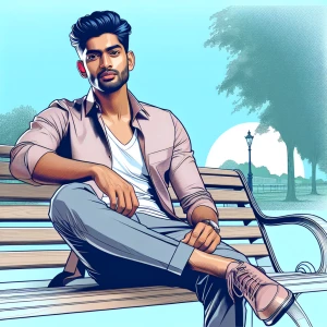 A man sitting casually on a park bench, drawn in clean lines and...