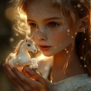 A tiny glowing unicorn, no taller than a teacup, gently trots an...