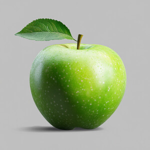 Create an image of one vibrant apple in varying hues green,  com...