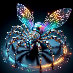 A dazzlingly intricate nano-bot spider, its metallic body shimme...