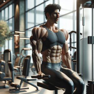 Create ke an image of a giy doing dips at the gym