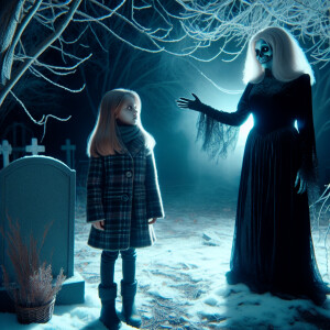 A blonde girl stands at night in winter near the grave. A scary...