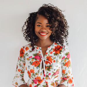 A cute woman

Smiling 

Clothes: Floral Dress

Looks Clean & Mod...