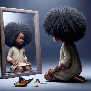 Create a 3-D realistic beautiful African-American  women with thick curly black hair
Looking at herself in the mirror, but the reflection she sees is a child, and she is no longer beautiful. She is ugly with scars. There is a fallen butterfly.