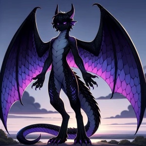Hot anthropomorphic black dragon girl with purple wings