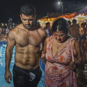 Hyperrealistic painting,a muscular beefy sweaty man walking with...