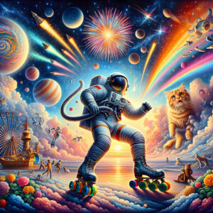 A steam punk cat rollerskating with rainbow colors