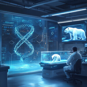 Create a digital artwork of a high-tech lab with a cool blue and...