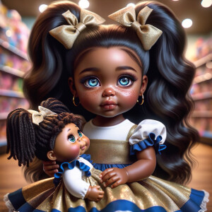 Create a 3-D image of an african-American little girl inside of a medium size, toy store. The little girl has thick long, ponytails and huge blue eyes. She has on a gold and blue jumpsuit with matching bows, She is playing with her favorite african-American cabbage patch doll, the doll has deep, dimples, and freckles and looks just like her