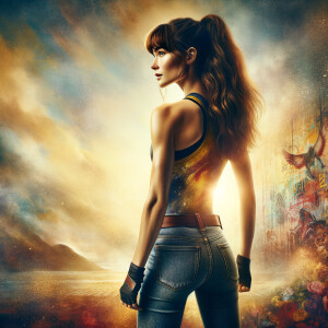 Athletic Thin skinny Attractive, Asian teenage girl, long brown hair and bangs, wearing tight skinny jeans and a halter top paint marks on her clothing, heroic pose Asian graffiti background, backside view