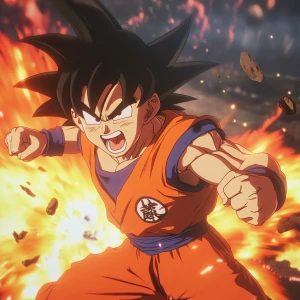 Goku showcasing his  signature moves in a dynamic battle scene.