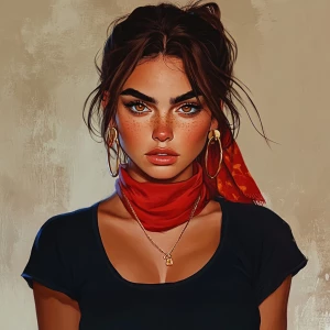 girl with brown hair, thick eyebrows, pumped up lips, potato nos...