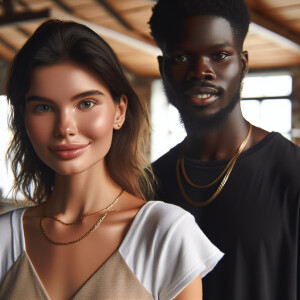 The image features a young woman and a young man posing together...