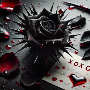 Black rose with thorns strewn across a stage, petals fallen with...