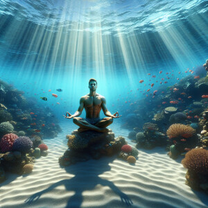 Create a realistic image of a man meditating in a yogic seated p...