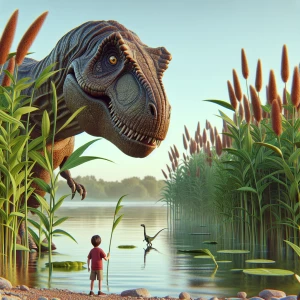 A realistic t-rex pushing aside water rushes  to afford him a vi...