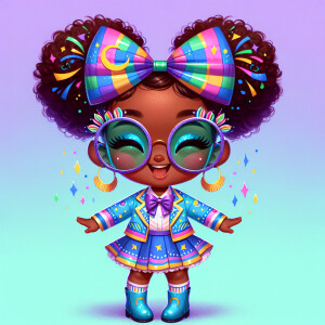 A chibi-style image of an African American 3-year-old girl, stan...