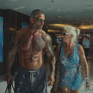 (Hyperrealism image),a man( criminal muscular beefy sweaty tatto...