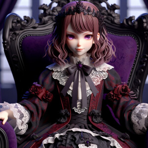 A girl named lilith wearing elegant gothic lolita dress  sitting on the thrones, red purple aura, smirk evil, 3D, humanlike