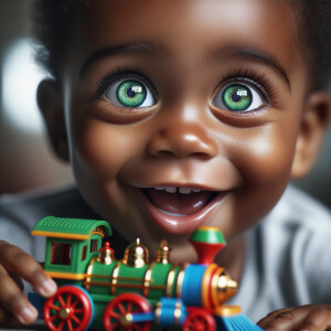 African-American baby boy with huge green eyes, playing with a train